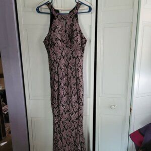 Nightway brand evening formal wear ; black with gold pattern overlay, size 10